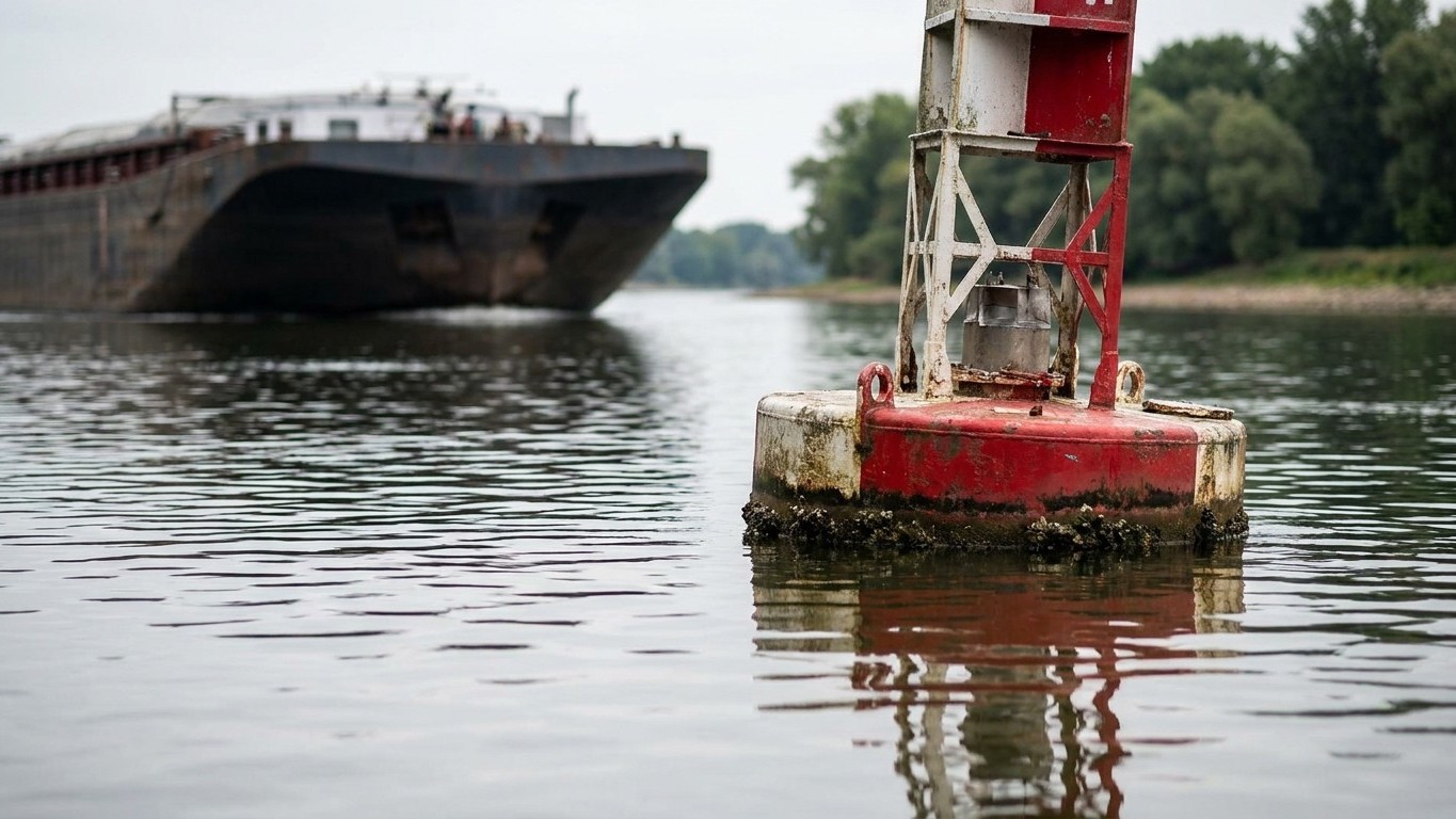 J'ai ancré ma barque juste à côté d'une bouée rouge pour être tranquille : quand la péniche est entrée dans le chenal, il ...