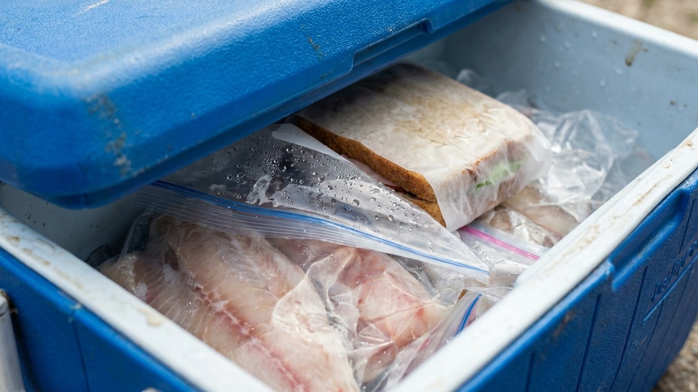 J’ai glissé mes filets de perche à côté des sandwichs dans la même glacière juste pour gagner de la place : à l’heure du d...
