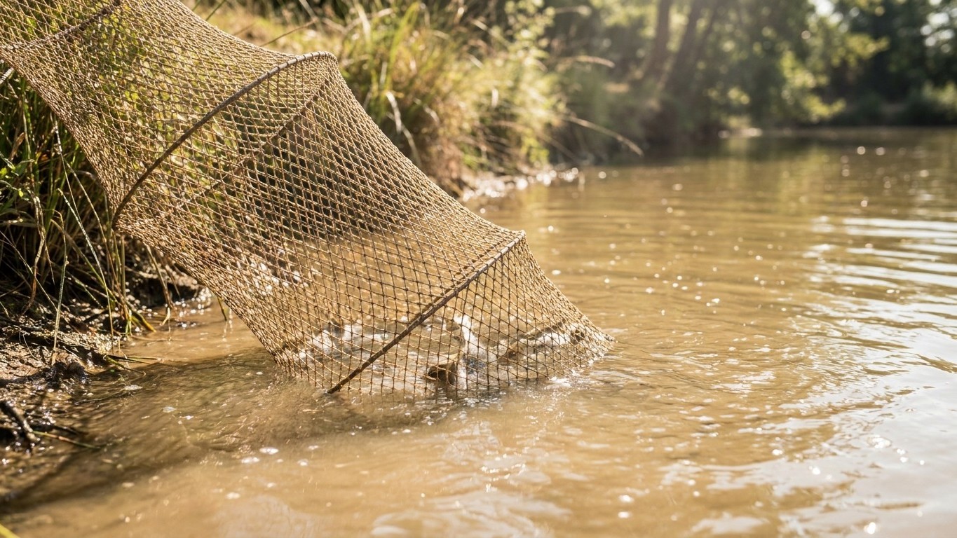 J’ai posé ma bourriche en nylon dans 40 cm d’eau juste pour garder mes gardons au frais : quand j’ai relevé le filet avant...